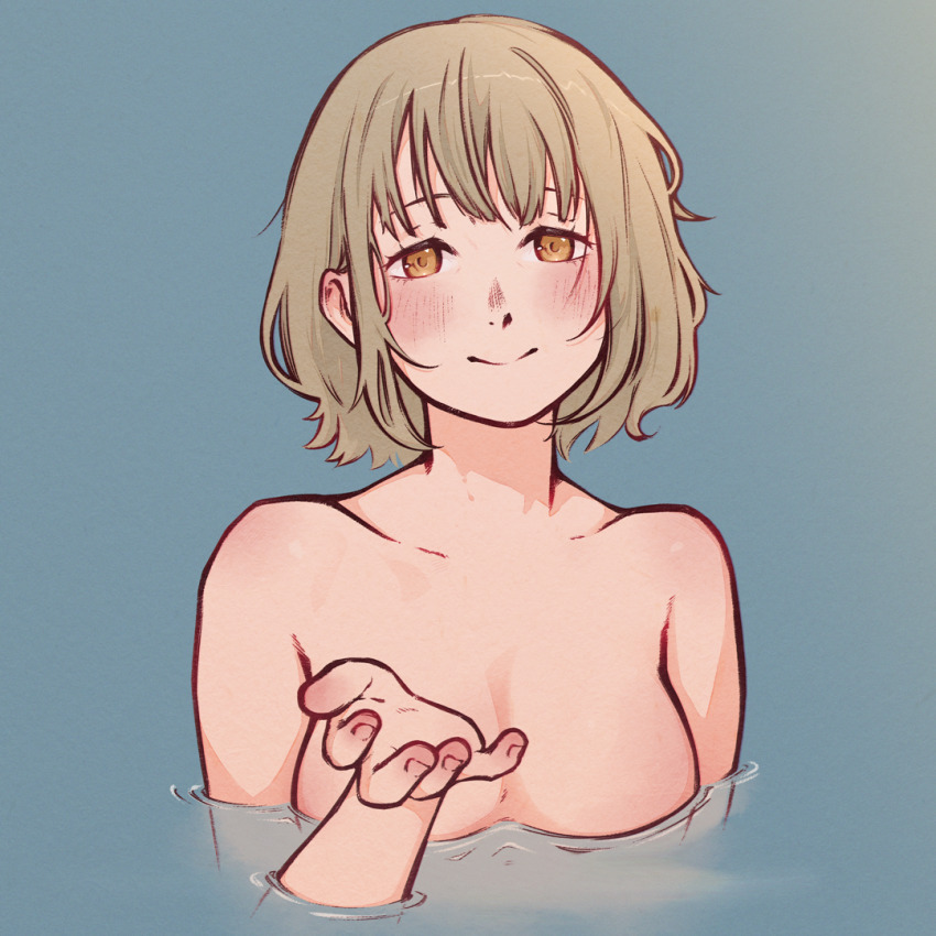 1girl, arm_at_side, bathing, blonde_hair, blush, breasts, collarbone, completely_nude