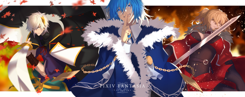 1girl, 2boys, belt, blue_eyes, blue_hair, breasts, cape, chain, clear_wendell, cleavage, copyright_name, fire, fur_trim, highres, holding, holding_sword, holding_weapon, hood, hood_down, index_finger_raised, leaf, multiple_boys, nekomiti, nonette_carne, pixiv_fantasia, pixiv_fantasia_last_saga, red_cape, shinonome_shiden, sword, weapon, white_hair