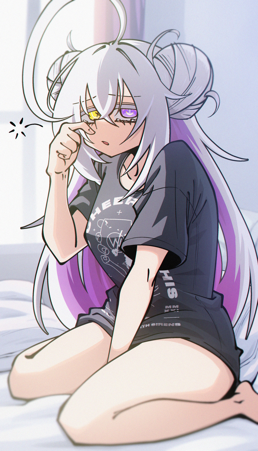 1girl, absurdres, ahoge, arm_between_legs, barefoot, black_shirt, bottomless, colored_eyelashes