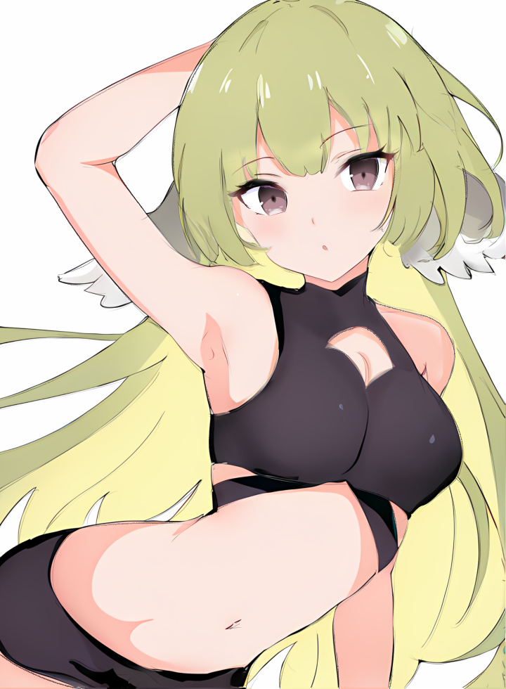 1girl, arknights, arm_behind_head, arm_up, armpits, bikini, black_bikini, breasts