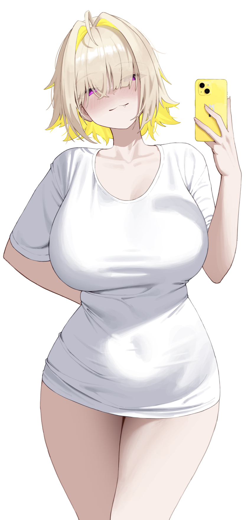 1girl, absurdres, blonde_hair, breasts, cellphone, closed_mouth, colored_inner_hair, cowboy_shot
