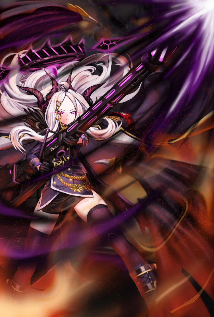 1girl, absurdres, ahoge, black_skirt, blue_archive, cape, demon_girl, demon_horns, energy_gun, firing, full_body, gun, halo, highres, hina_(blue_archive), holding, holding_gun, holding_weapon, horns, laser_rifle, machine_gun, mg42, niziko, parted_bangs, purple_eyes, purple_shirt, shirt, skirt, solo, thighhighs, weapon, zettai_ryouiki