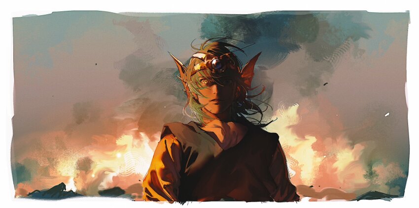 1boy, aqua_hair, blue_gem, border, burning, burning_building, dragon_quest, dragon_quest_iv