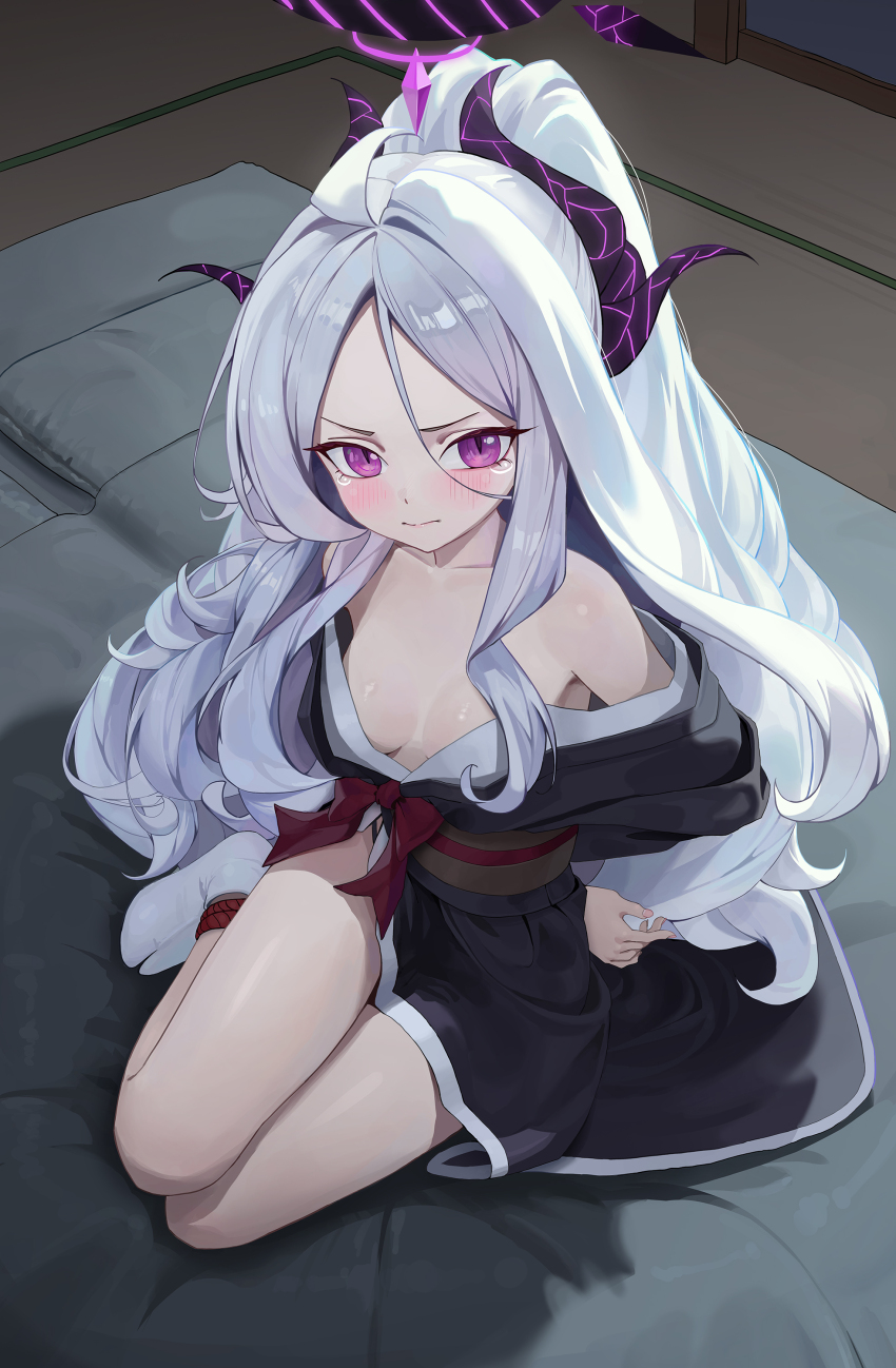 1girl, absurdres, ahoge, alternate_costume, alternate_hairstyle, bare_shoulders, black_halo, black_horns, black_kimono, blue_archive, bound, bound_ankles, bound_wrists, bow, breasts, brown_sash, cleavage, closed_mouth, collarbone, commentary, demon_horns, dot_nose, eyelashes, forehead, hair_between_eyes, hair_intakes, halo, highres, hina_(blue_archive), horns, ing, japanese_clothes, kimono, korean_commentary, light_blush, loli, long_hair, looking_at_viewer, obi, parted_bangs, purple_eyes, red_bow, sash, side_slit, sidelocks, sitting, slit_pupils, small_breasts, socks, solo, tearing_up, thighs, v-shaped_eyebrows, very_long_hair, wavy_hair, white_hair