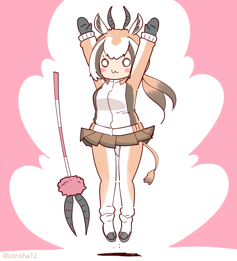 1girl, animal_ears, arms_up, brown_hair, coroha, cow_ears, cow_girl, cow_horns