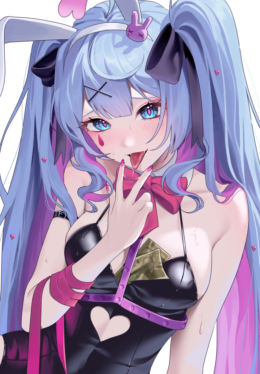 1girl, absurdres, alternate_hair_length, alternate_hairstyle, animal_ears, arm_strap, banknote, bare_shoulders, between_breasts, black_leotard, blue_eyes, blue_hair, blush, bow, bowtie, breasts, center-flap_bangs, chest_harness, clothing_cutout, detached_collar, facial_mark, fake_animal_ears, fang, hair_ornament, harness, hatsune_miku, heart, heart-shaped_pupils, heart_cutout, highres, leotard, long_hair, m_psycho_83, medium_breasts, money, multicolored_hair, nail_polish, pink_nails, pink_ribbon, playboy_bunny, purple_hair, rabbit_ears, rabbit_hole_(vocaloid), ribbon, saliva, solo, streaked_hair, symbol-shaped_pupils, teardrop_facial_mark, tongue, tongue_out, twintails, upper_body, v, v_over_mouth, vocaloid, x_hair_ornament
