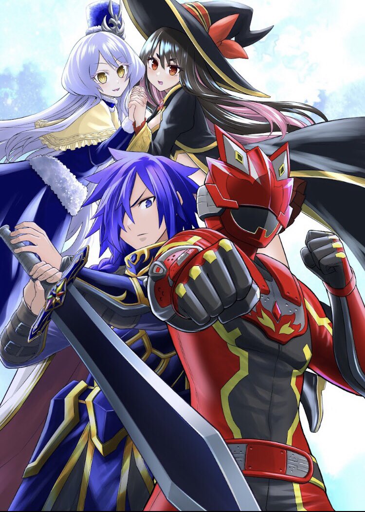 2boys, 2girls, :d, armor, asagaki_togo, black_hair, black_hat, black_skirt