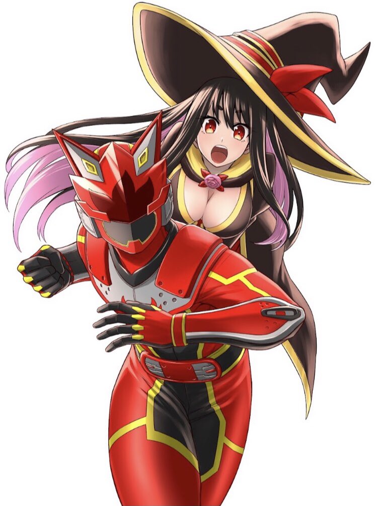 1boy, 1girl, asagaki_togo, black_coat, black_hat, bodysuit, breasts, brown_hair