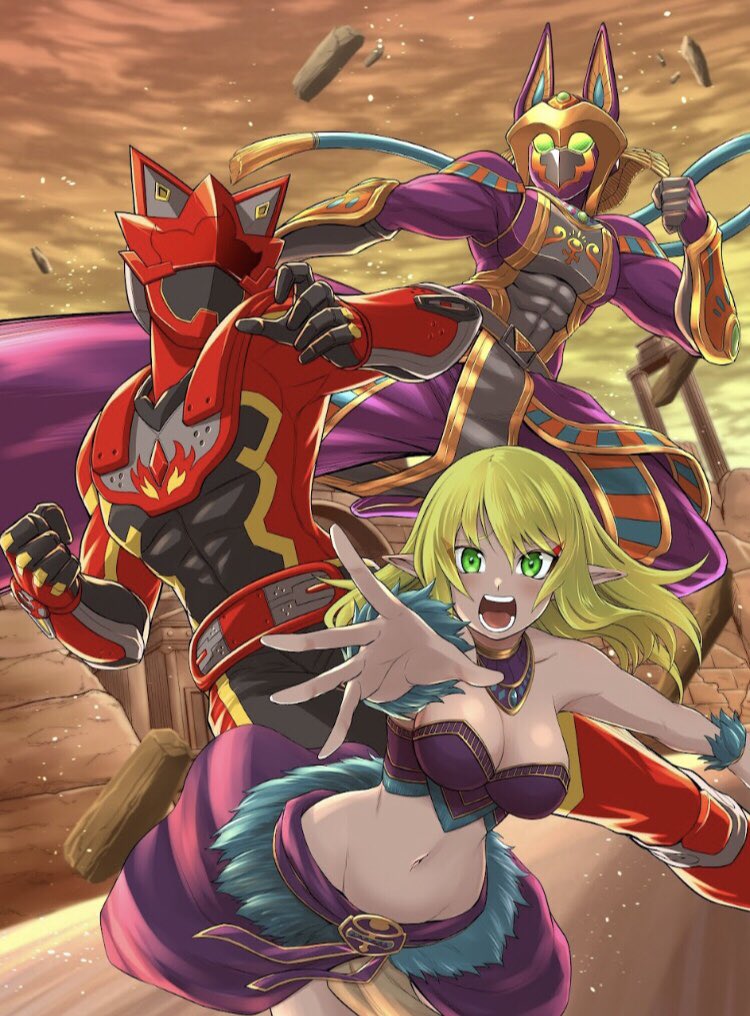 1girl, 2boys, amen_(isekai_red), armor, asagaki_togo, azir_anuma_kukuja, black_tube_top, blonde_hair