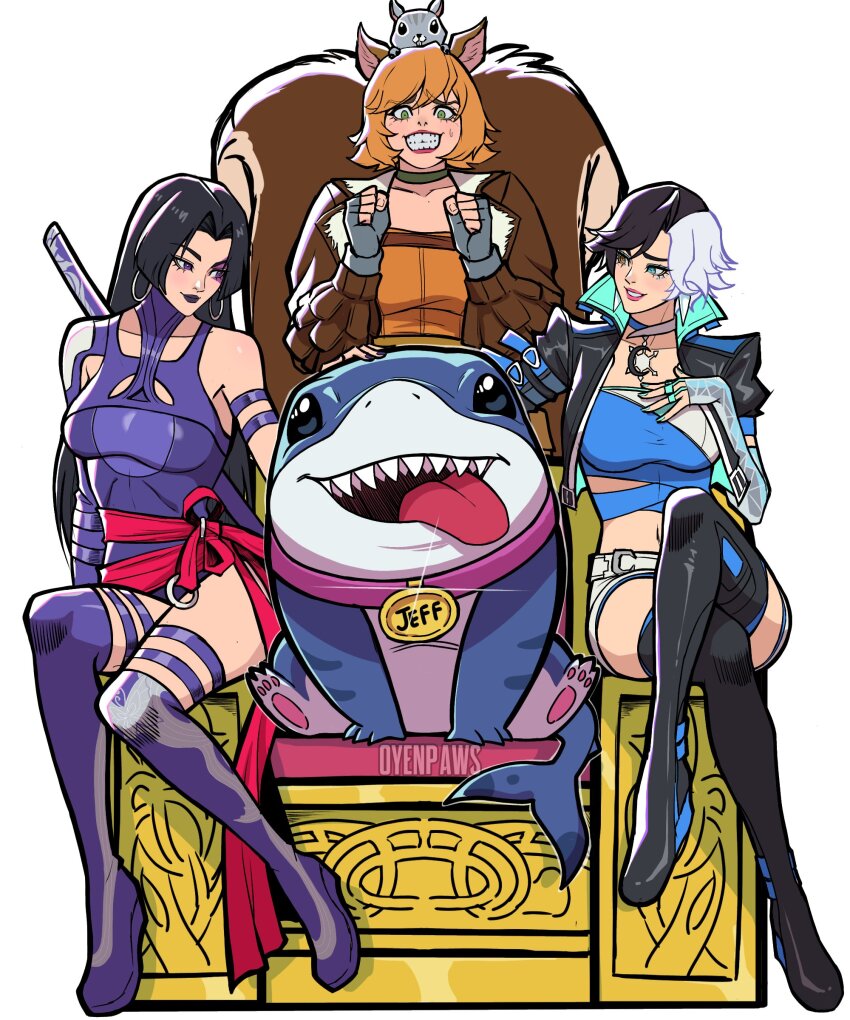 3girls, absurdres, animal_ears, black_hair, blue_eyes, breasts, brown_hair, chair