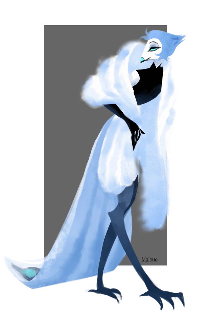 1boy, andrealphus_(helluva_boss), bird_boy, black_gloves, blue_eyes, blue_hair, coat, demon_boy