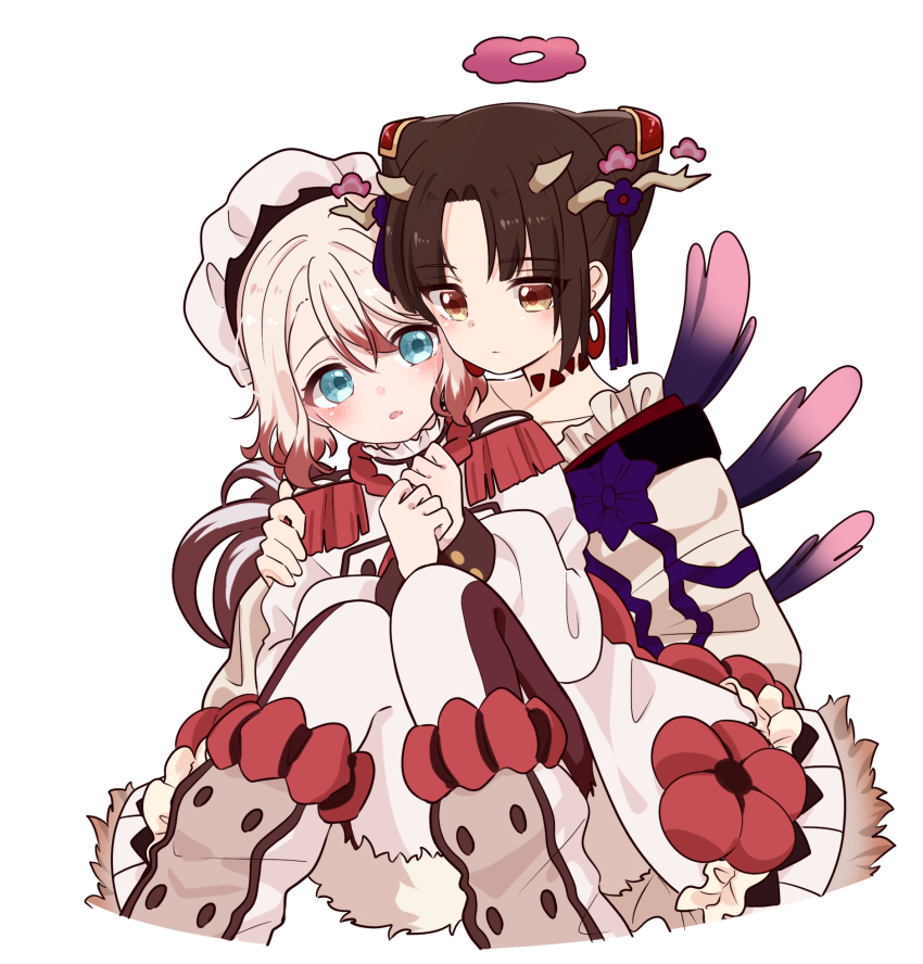 2girls, black_hair, blonde_hair, blue_eyes, clantail, dress, flower_ornament, frilled_dress