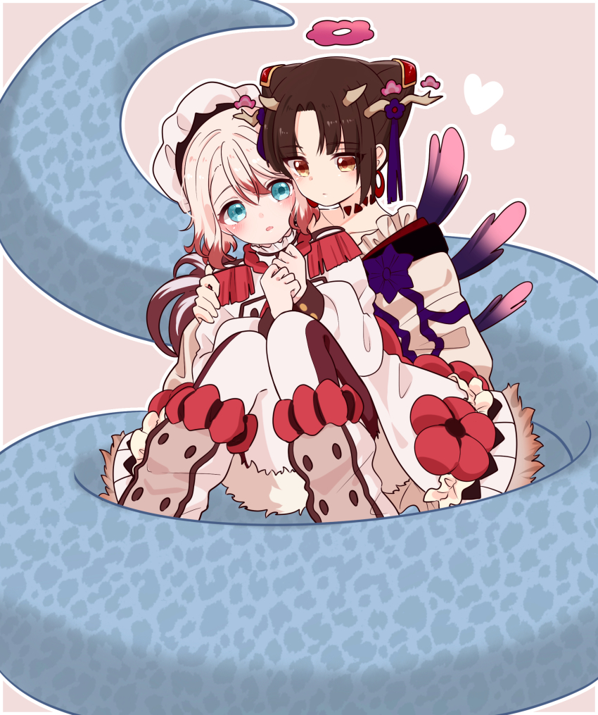 2girls, absurdres, black_hair, blonde_hair, blue_eyes, clantail, dress, flower_ornament