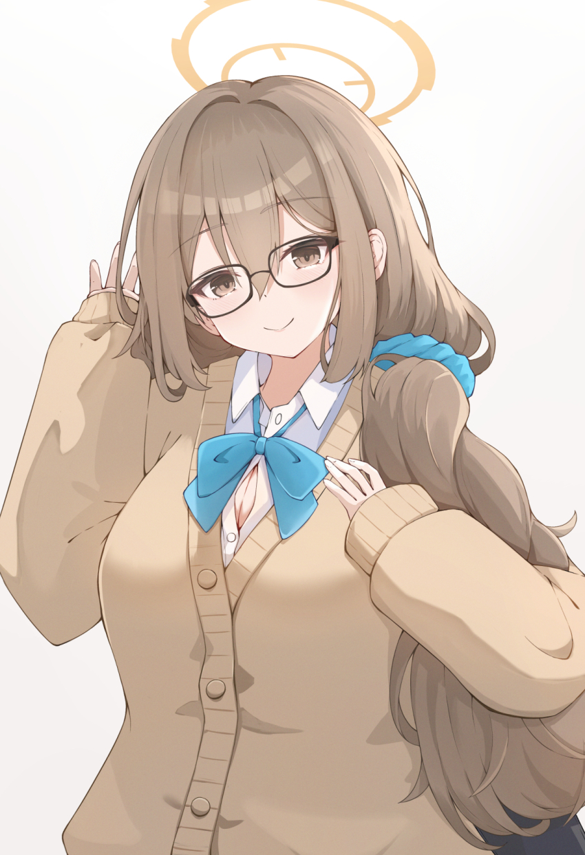 1girl, akane_(blue_archive), akane_(school_uniform)_(blue_archive), black-framed_eyewear, blue_archive, blue_bow, blue_bowtie, blush