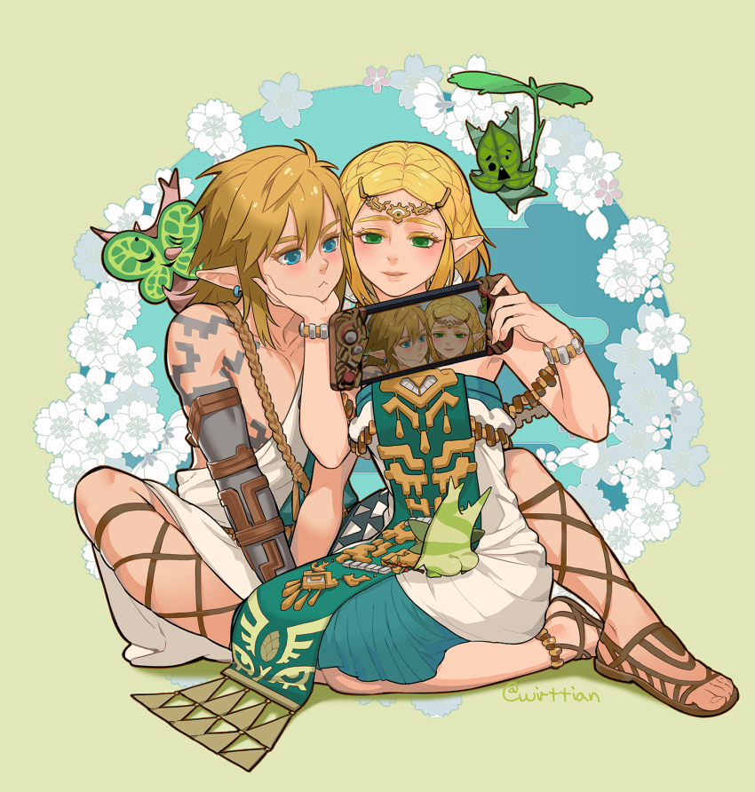 1boy, 1girl, 3others, :<, armlet, ass, blonde_hair, blue_background