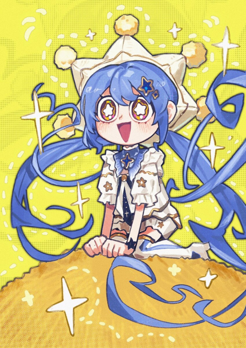 1girl, absurdly_long_hair, blue_collar, blue_hair, boots, bright_pupils, brooch, chinese_commentary