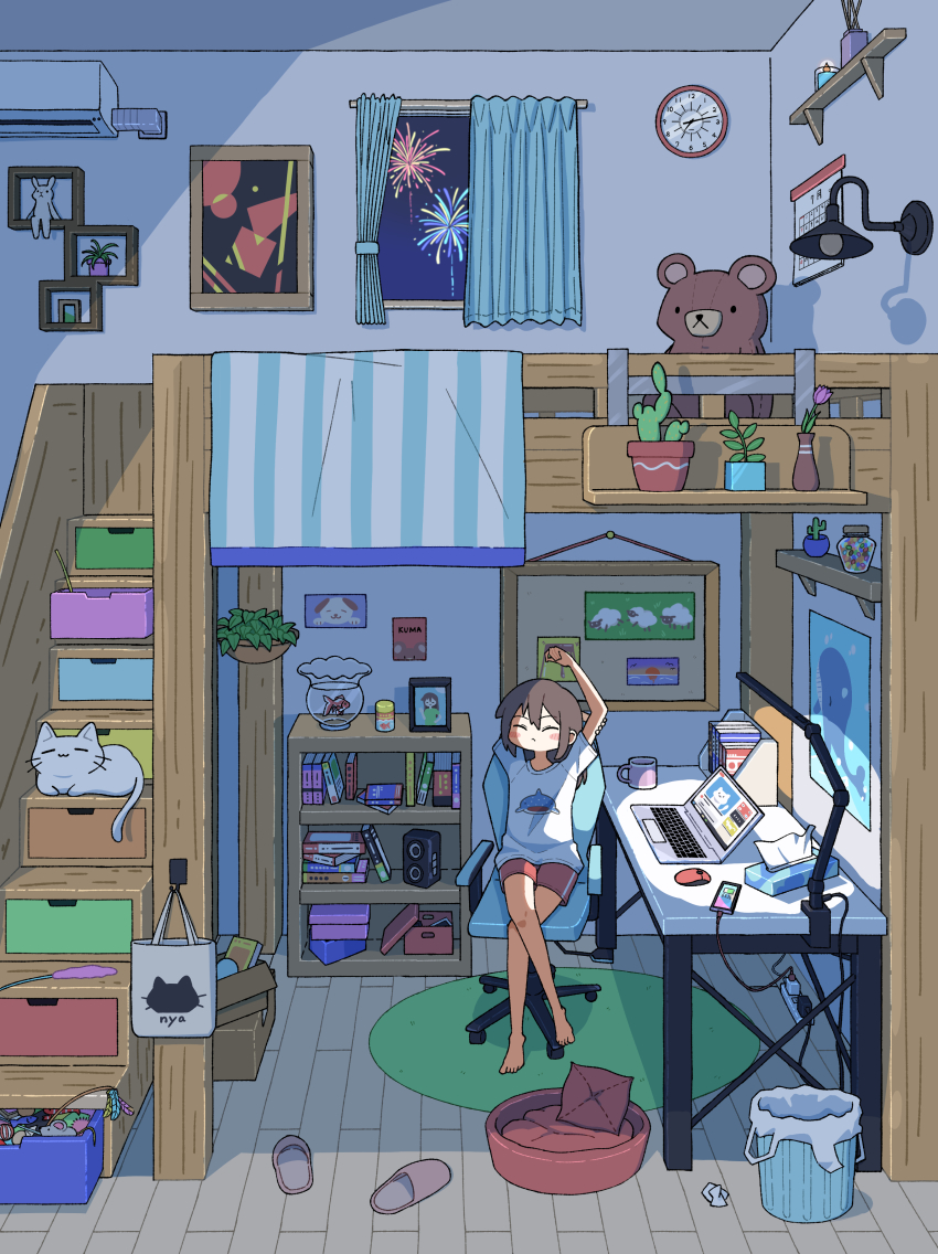 1girl, absurdly_detailed_composition, absurdres, aerial_fireworks, analog_clock, animal, bag, black_hair