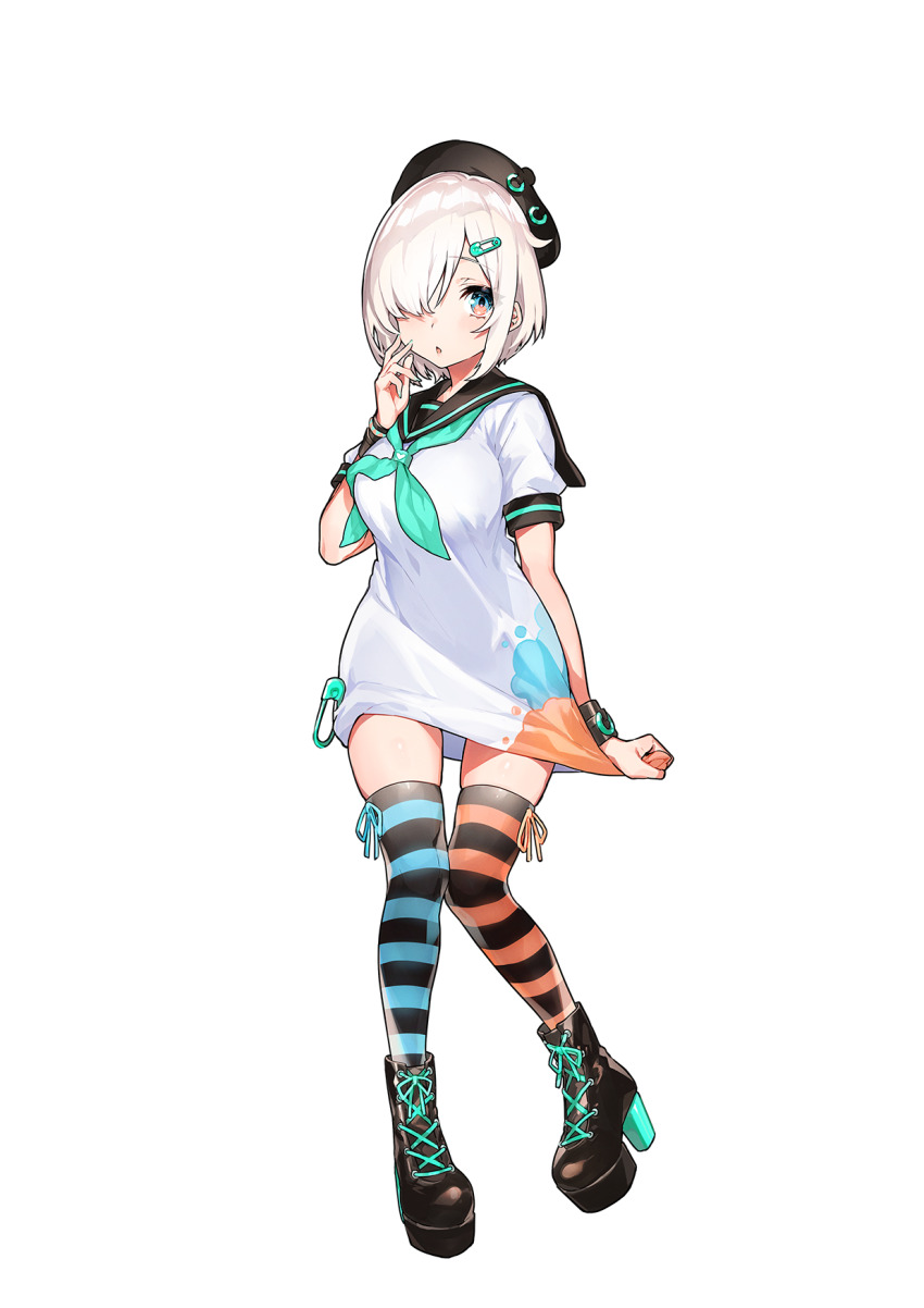 1girl, ankle_boots, asymmetrical_legwear, black_hat, black_sailor_collar, blue_thighhighs, boots, clothes_pull