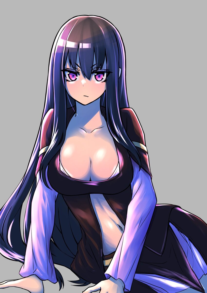 1girl, black_hair, breasts, cleavage, collarbone, cowboy_shot, grey_background, highres, yihdra_arvoln, large_breasts, long_hair, nakayoshi_koyoshi, purple_eyes, purple_hair, sentai_red_isekai_de_boukensha_ni_naru, simple_background, solo