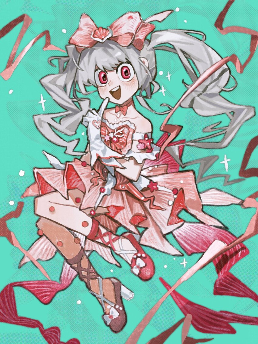 1girl, ankle_ribbon, aqua_background, asymmetrical_footwear, bare_shoulders, bow, bowtie, collarbone