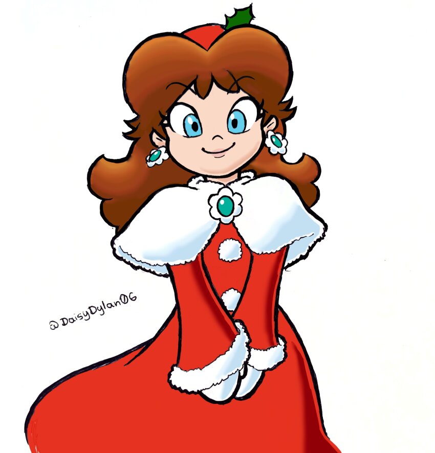 1girl, alternate_costume, artist_name, blue_eyes, brown_hair, daisydylan06, earrings, flipped_hair