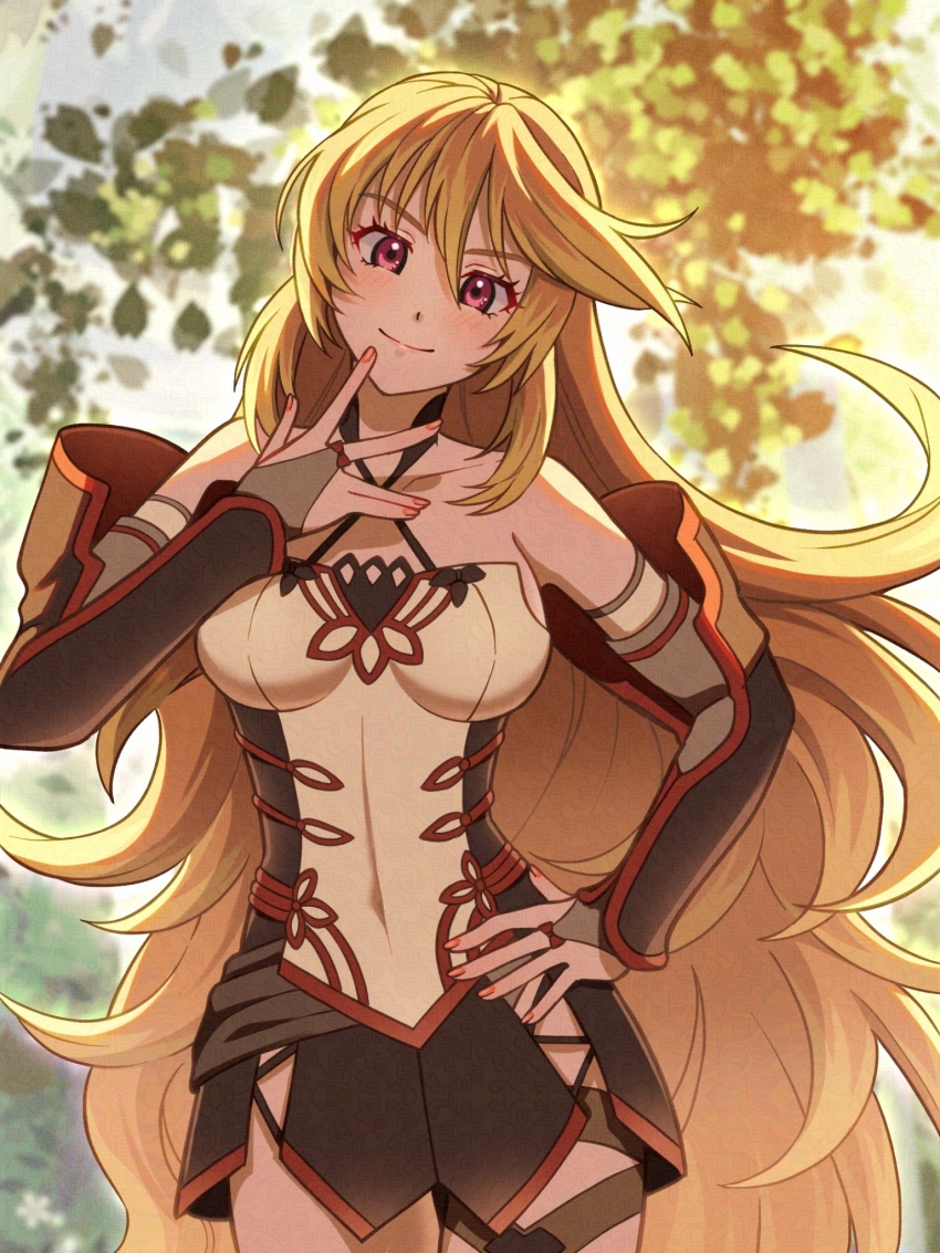 1girl, bare_shoulders, black_skirt, blonde_hair, blush, breasts, bridal_gauntlets, ch1emon_i