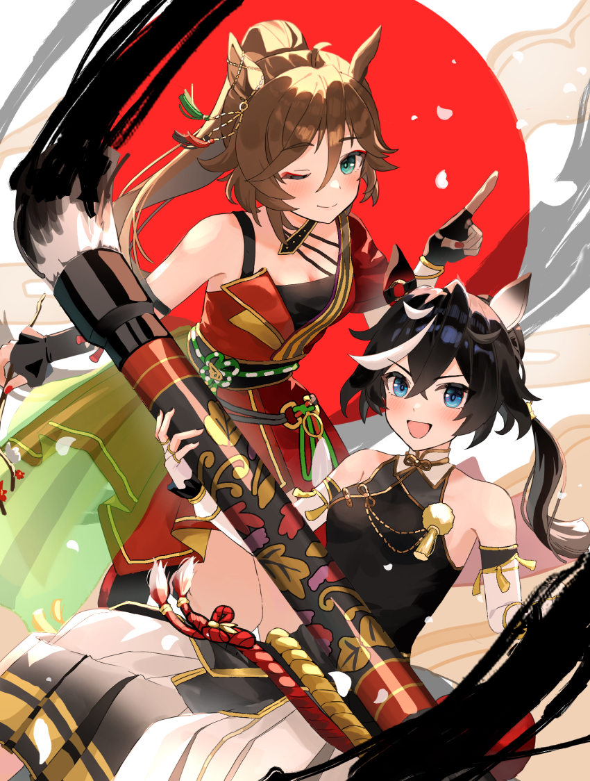 2girls, :d, ;), animal_ears, aqua_eyes, asymmetrical_clothes, bare_shoulders, black_hair