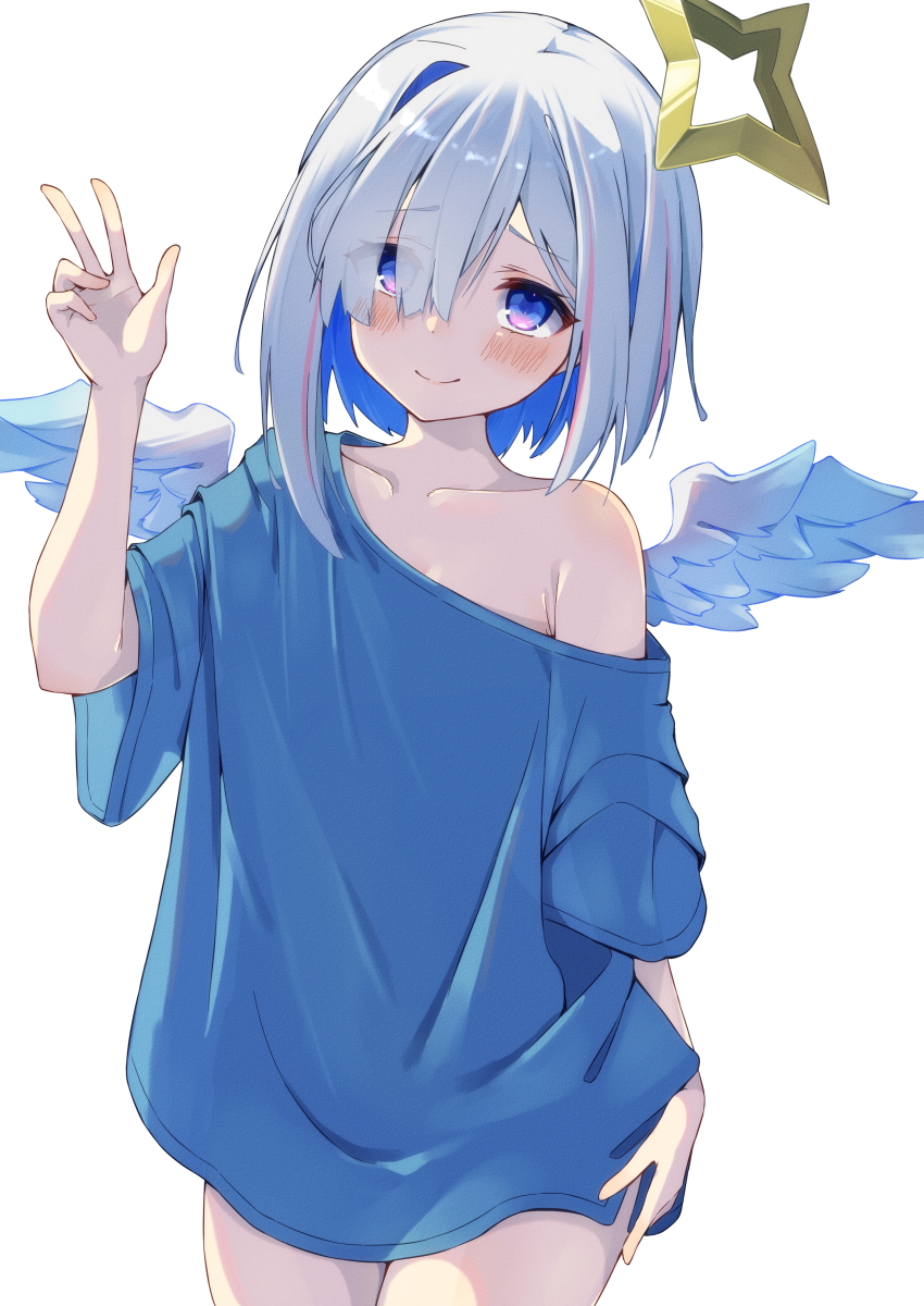 1girl, absurdres, amane_kanata, angel, angel_wings, blue_hair, blue_shirt, blush