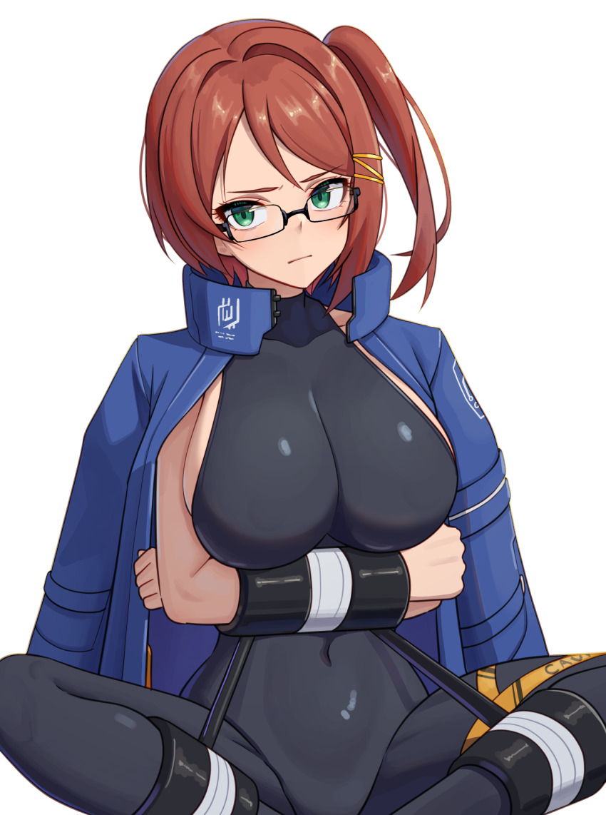 1girl, ajidot, alternate_breast_size, alternate_costume, annoyed, barbara_erlenwein, black-framed_eyewear, black_survival