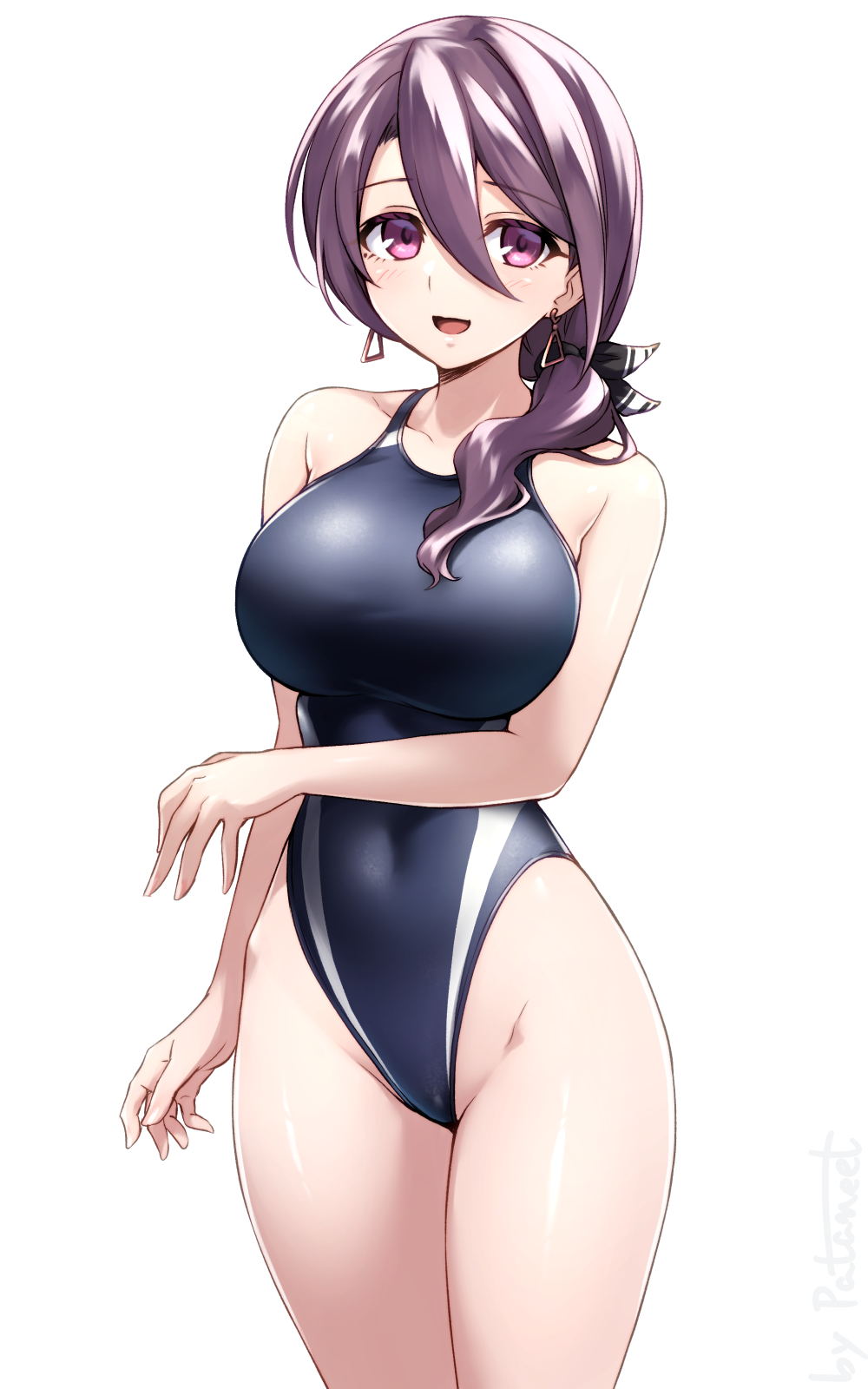 1girl, black_one-piece_swimsuit, breasts, competition_swimsuit, covered_navel, cowboy_shot, earrings, hair_between_eyes
