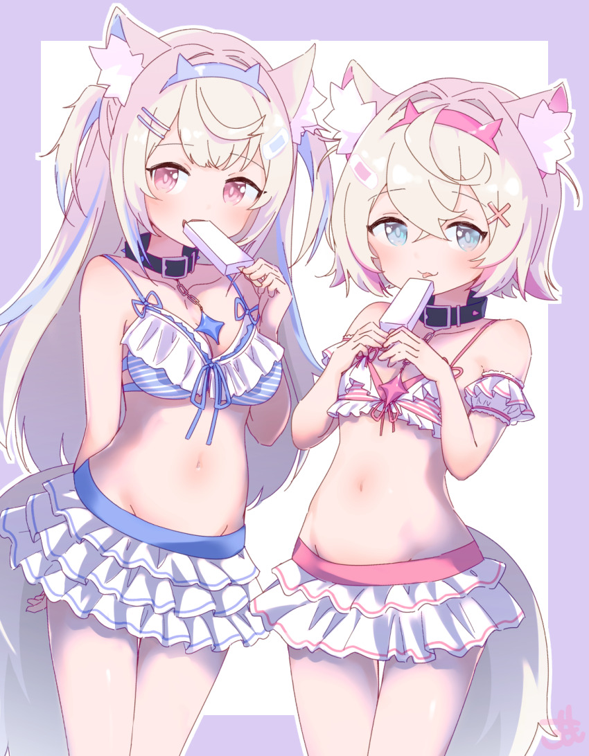 2girls, alternate_costume, animal_ear_fluff, animal_ears, arm_behind_back, bandaid, bandaid_hair_ornament, belt_collar