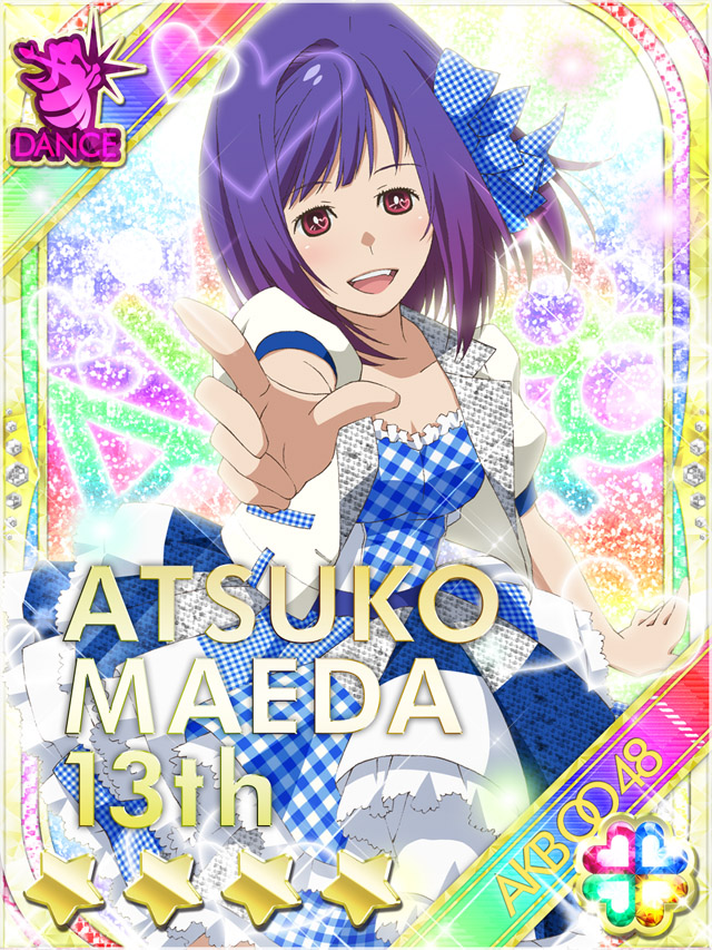 1girl, :d, akb0048, blue_dress, bow, brown_eyes, card_(medium), character_name