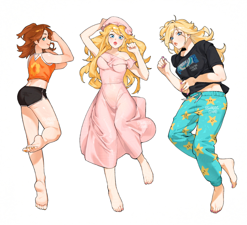 3girls, absurdres, bare_arms, barefoot, black_shirt, black_shorts, blonde_hair, blue_eyes, blush, breasts, brown_hair, dolphin_shorts, feet, highres, long_hair, looking_at_viewer, lying, mario_(series), multiple_girls, nail_polish, nightgown, nintendo, on_back, on_side, on_stomach, panties, princess_daisy, princess_peach, princess_peach_(nightgown), rosalina, shirt, short_hair, shorts, simple_background, sleepwear, soles, ssuregigame, toenail_polish, toenails, toes, underwear