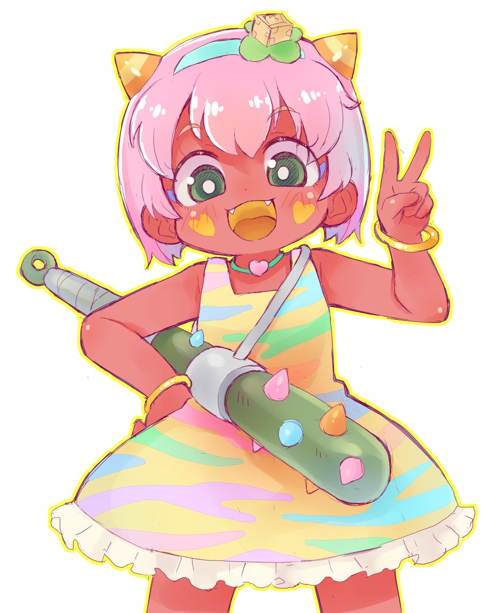 1girl, blue_dress, blue_hairband, bracelet, bright_pupils, club, club_(weapon), colored_eyelashes