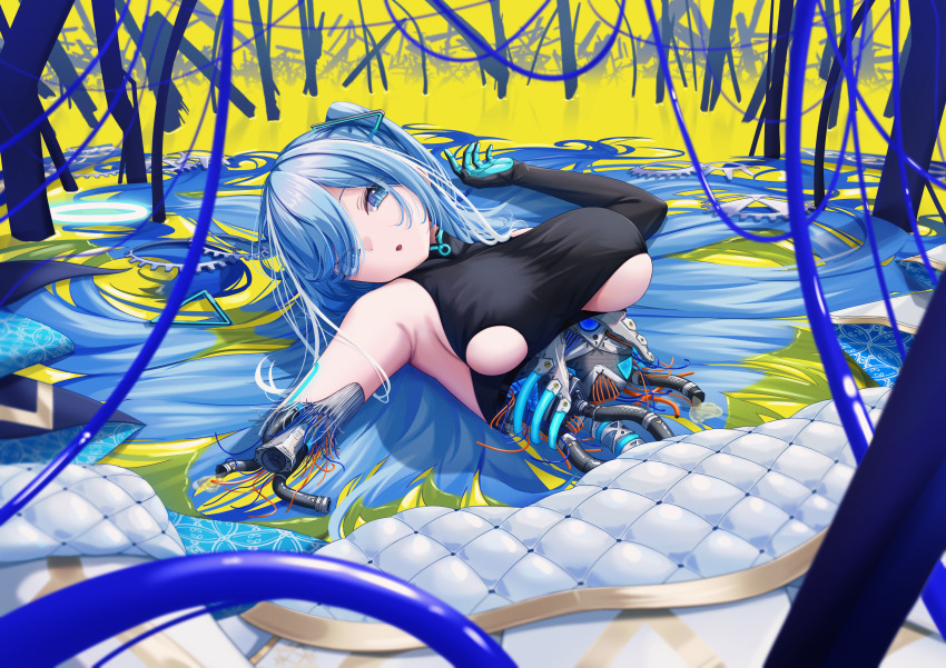 1girl, absurdres, amputee, android, blue_eyes, blue_hair, breasts, cable, damaged, highres, large_breasts, long_hair, looking_at_viewer, lying, mechabare, on_back, solo, toono_oto, torzzei, tube, underboob, varium, very_long_hair, virtual_youtuber, yellow_background