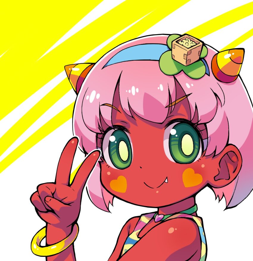 1girl, :>, blue_dress, blue_hairband, bracelet, closed_mouth, colored_eyelashes, colored_skin, commentary_request, cone_horns, denroku, dress, fang, fang_out, flower, green_dress, green_eyes, hair_flower, hair_ornament, hairband, hand_up, heart, heart_necklace, heart_sticker, highres, horns, jewelry, looking_at_viewer, mamedol_oni, mismatched_eyebrows, multicolored_dress, necklace, oni, orange_horns, pink_dress, pink_hair, portrait, red_skin, sakurabe_notos, short_hair, sleeveless, sleeveless_dress, smile, solo, split_mouth, sticker, sticker_on_face, v, yellow_dress