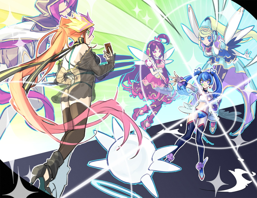 2girls, alternate_form, ass, bare_back, bare_hips, bare_pectorals, bare_shoulders, battle