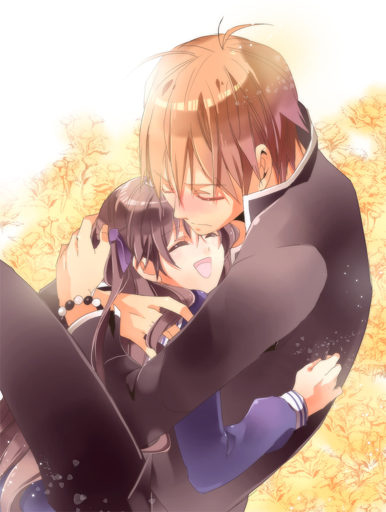 1boy, 1girl, blush, couple, fruits_basket, fujiwara_rika, hanei, happy, hetero, honda_tooru, hug, school_uniform, serafuku, sohma_kyou