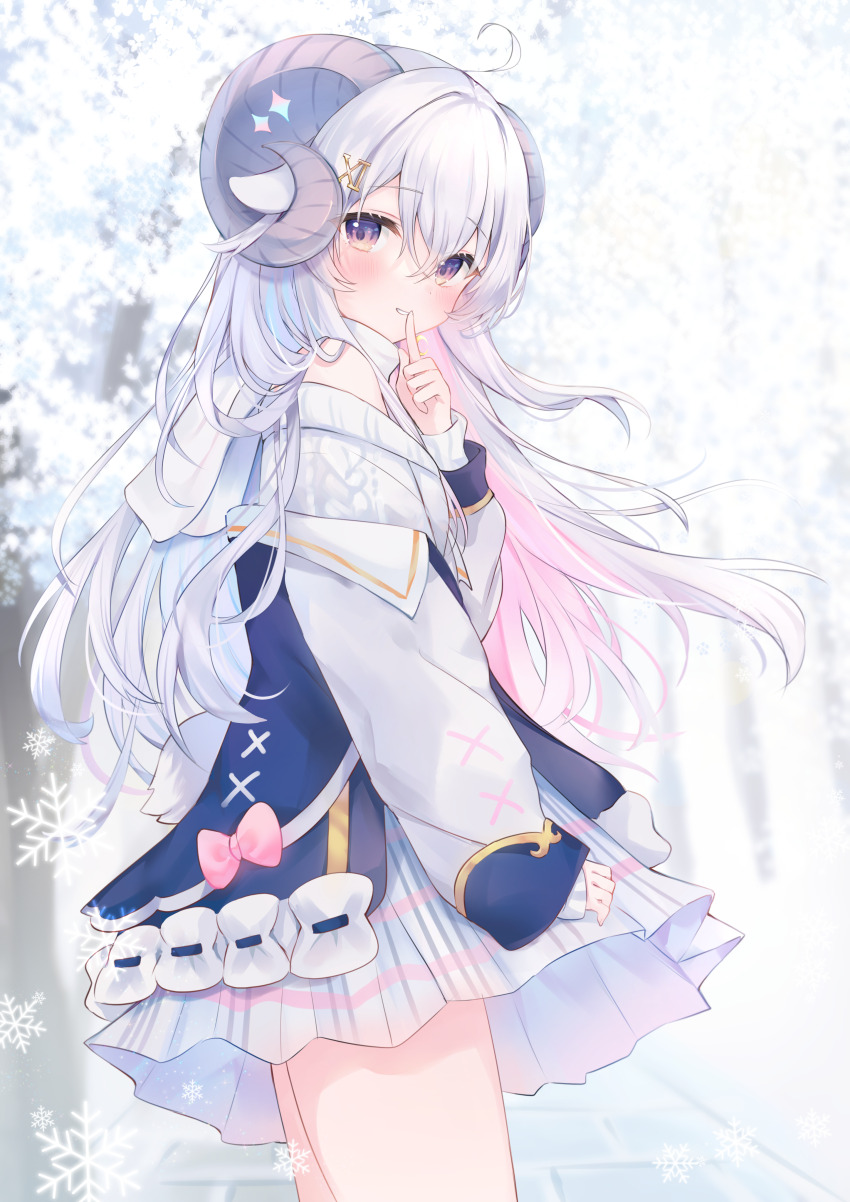 1girl, absurdres, ahoge, animal_ears, dress, finger_to_mouth, from_side, hair_between_eyes