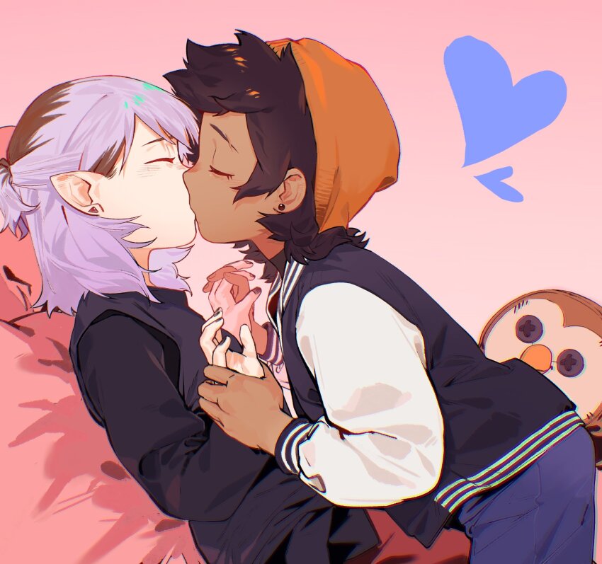 2girls, amity_blight, beanie, black_nails, brown_hair, character_doll, chromatic_aberration, closed_eyes, dark-skinned_female, dark_skin, dogwhitee, doll, earrings, eyebrow_cut, hat, heart, highres, holding_hands, hooty_(the_owl_house), jacket, jewelry, kiss, letterman_jacket, luz_noceda, multiple_girls, pointy_ears, purple_hair, reclining, short_hair, stud_earrings, the_owl_house, yuri