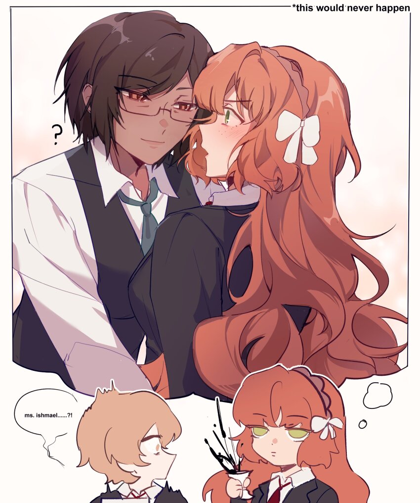 1boy, 2girls, ?, absurdres, annoyed, aqua_necktie, black_jacket, black_vest, blush, collared_shirt, cup, dark-skinned_female, dark_skin, disposable_coffee_cup, disposable_cup, dress_shirt, formal_clothes, freckles, glasses, green_eyes, hairband, highres, ishmael_(project_moon), jacket, jenn_(slopjoshi), jitome, lapels, limbus_company, long_hair, multiple_girls, necktie, orange_hair, outis_(project_moon), project_moon, red_necktie, shirt, sinclair_(project_moon), smile, speech_bubble, squeezing, suit_jacket, thought_bubble, vest, yuri