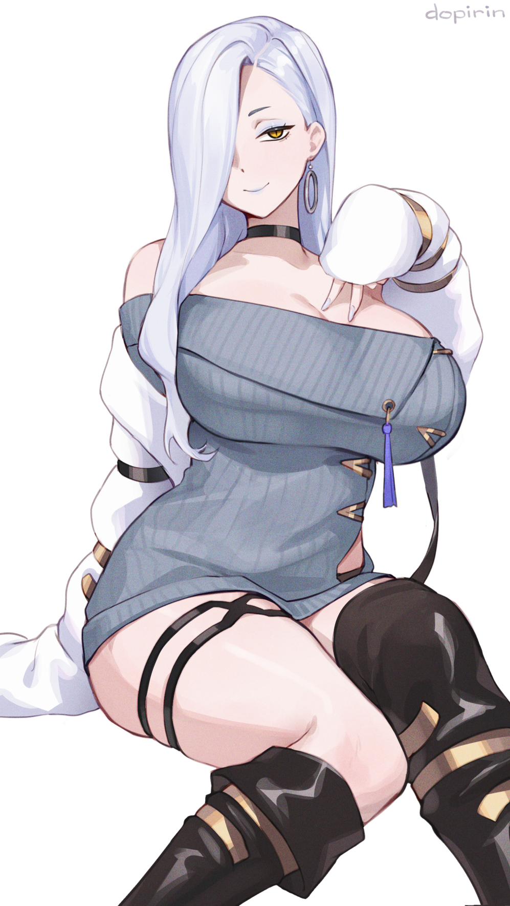 1girl, bare_shoulders, black_boots, blue_lips, boots, breasts, choker, cleavage