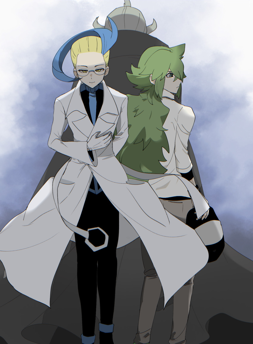 blonde_hair, blue_hair, colress_(pokemon), ghetsis_(pokemon), glasses, gloves, green_hair, highres