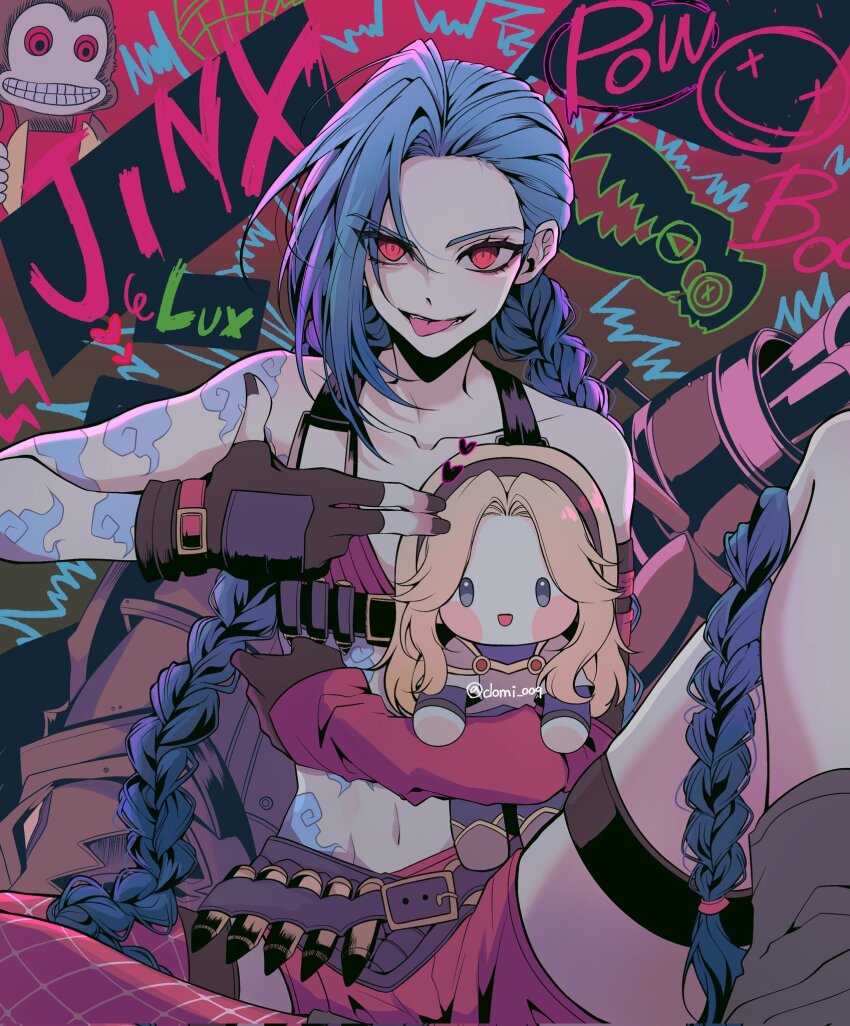 2girls, arm_tattoo, bare_shoulders, blonde_hair, blue_eyes, blue_hair, blush, braid, breasts, chibi, cloud_tattoo, domi_006, fingerless_gloves, gloves, hairband, highres, jinx_(league_of_legends), league_of_legends, long_hair, looking_at_viewer, lux_(league_of_legends), multiple_girls, navel, open_mouth, pink_eyes, smile, tattoo, twin_braids, very_long_hair, yuri