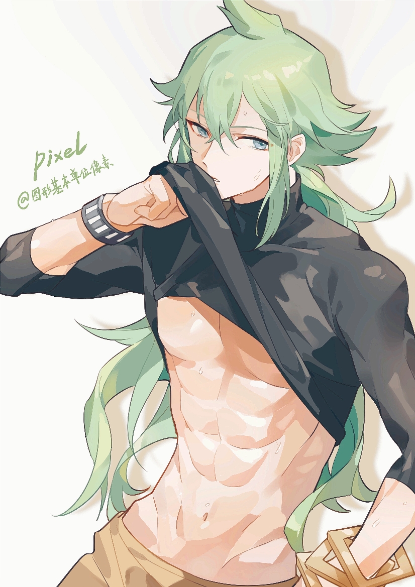 1boy, abs, bangle, blue_eyes, bracelet, green_hair, hair_between_eyes, holding, holding_shirt, holding_unworn_clothes, jewelry, long_hair, male_focus, muscular, muscular_male, n_(pokemon), nintendo, pixel_(user_pkds3458), pokemon, pokemon_black_and_white, shirt, simple_background, solo, sweat, unworn_shirt, white_background, wristband