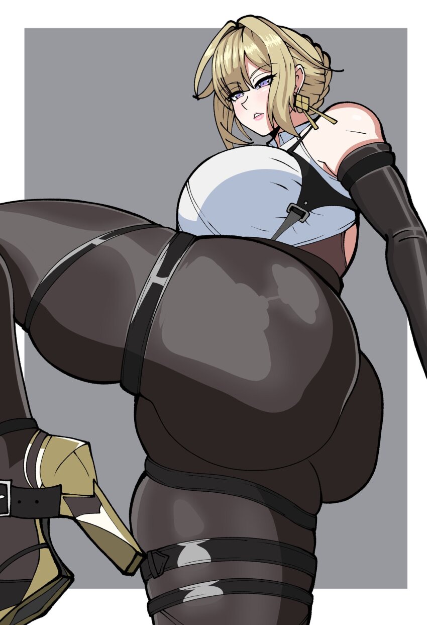 1girl, ass, ass_focus, bare_shoulders, blonde_hair, breasts, evelyn_chevalier, from_behind, gloves, hair_bun, high_heels, highres, huge_ass, large_breasts, looking_at_viewer, looking_down, pants, parted_lips, purple_eyes, shingattai, short_hair_with_long_locks, sideboob, solo, thick_thighs, thighs, zenless_zone_zero