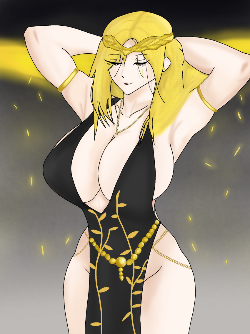1girl, absurdres, black_dress, blonde_hair, breasts, dress, elden_ring, gold, hair_ornament, highres, large_breasts, long_hair, ninila29art, non-web_source, queen_marika_the_eternal, self-upload, simple_background