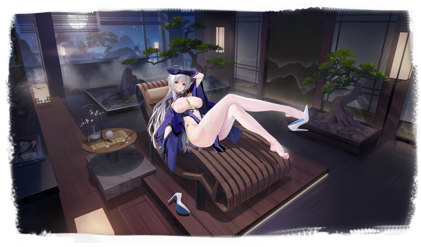 1girl, absurdres, ahoge, architecture, arm_up, ass, azur_lane, between_breasts