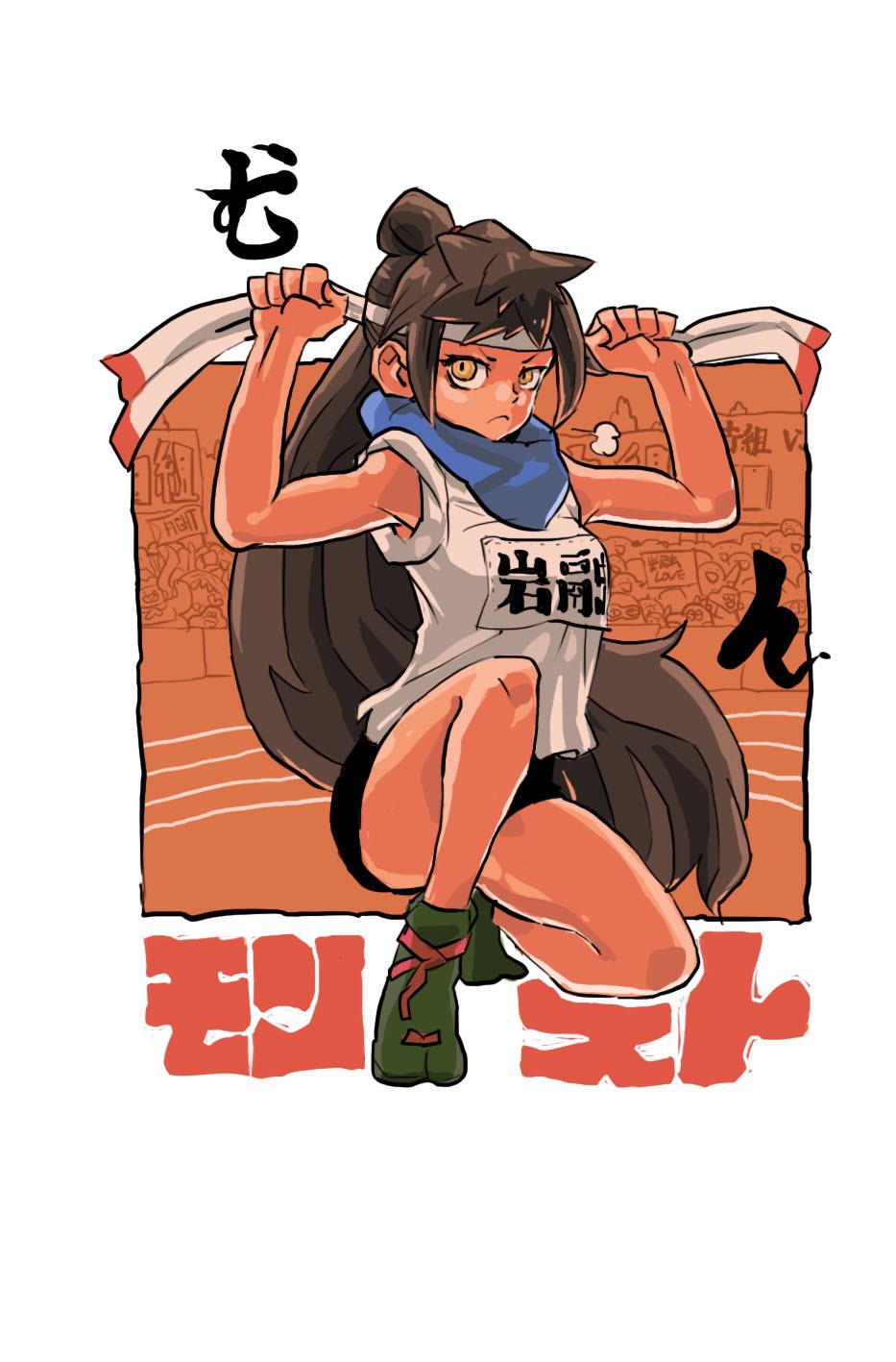 1girl, black_shorts, blue_smydra, brown_hair, commentary_request, full_body, green_smydra, hair_bun