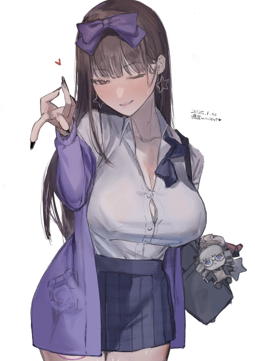 1girl, absurdres, black_nails, black_skirt, blush, bow, bowtie, breasts